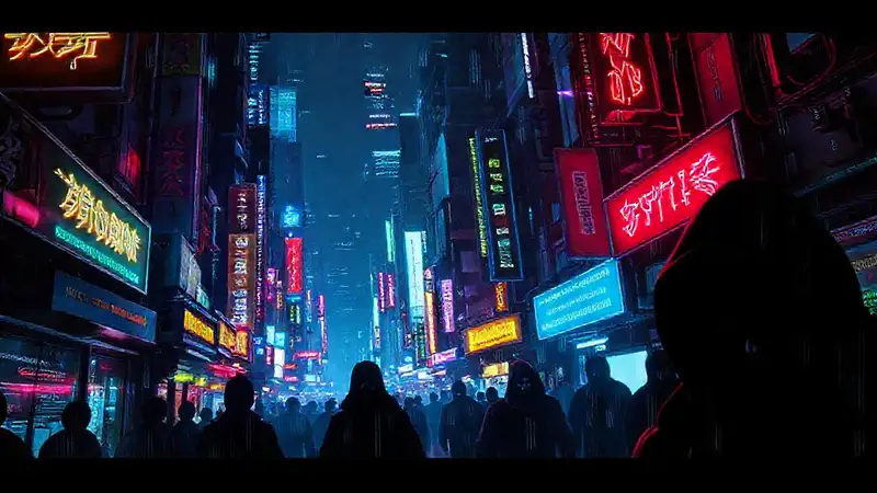 Ciudad cyberpunk vibrante y digitalmente distorsionada