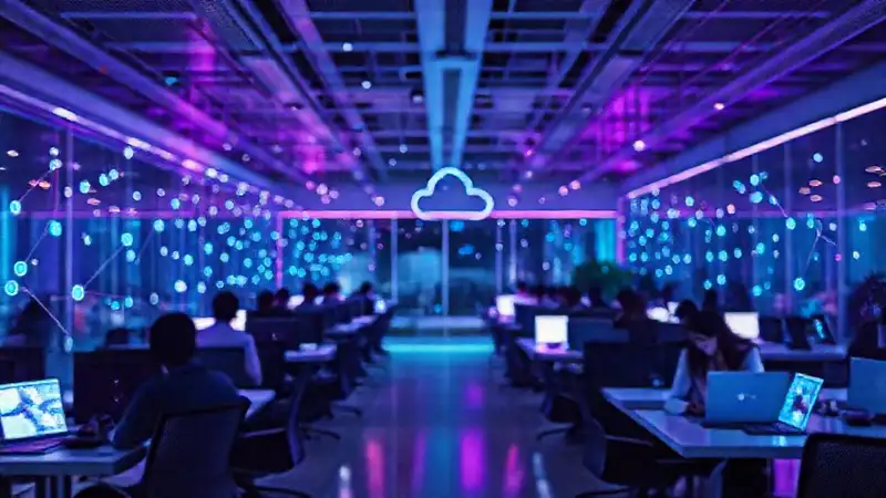 Oficina futurista, datos y minimalismo vibrante