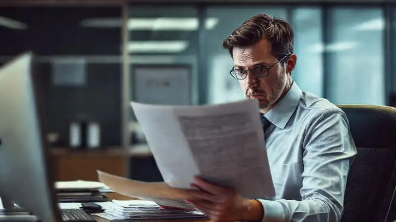 Un empleado preocupado maneja documentos sensibles