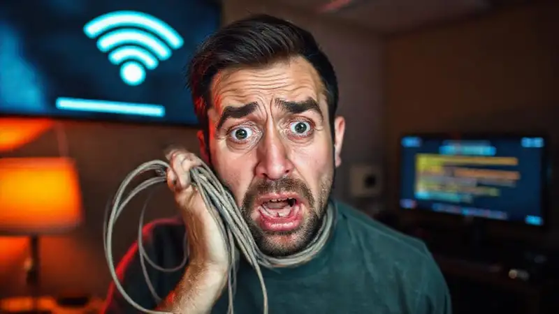 El hombre experimenta problemas técnicos frustrantes