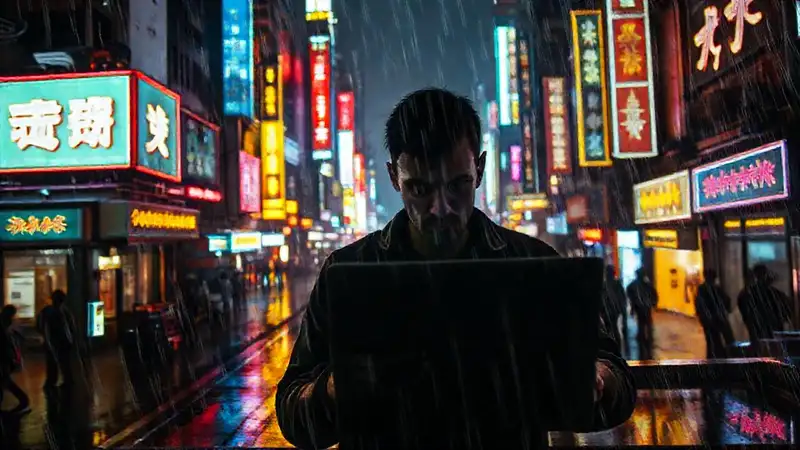 Ciudad cyberpunk digital, frustrante y lluviosa