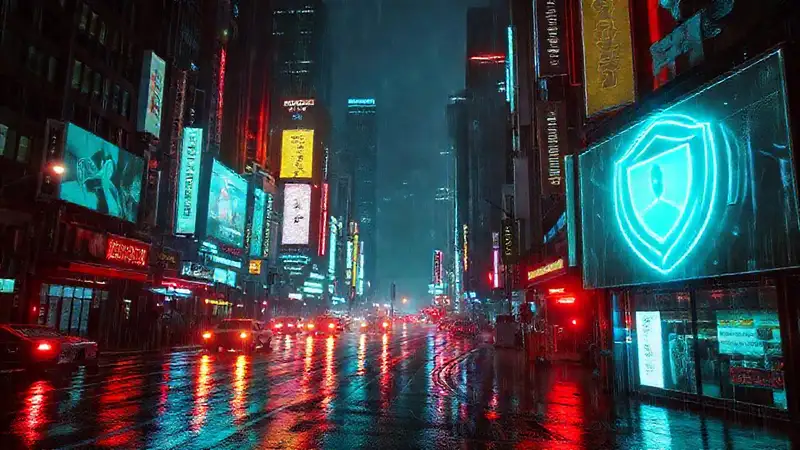 Ciudad cyberpunk oscura y lluviosa, brillante