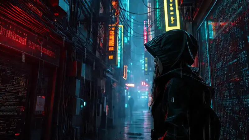 Hacker digital en ciudad cyberpunk oscura