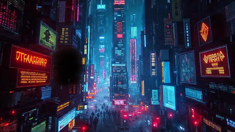 Ciudad cyberpunk oscura y peligrosa digitalmente