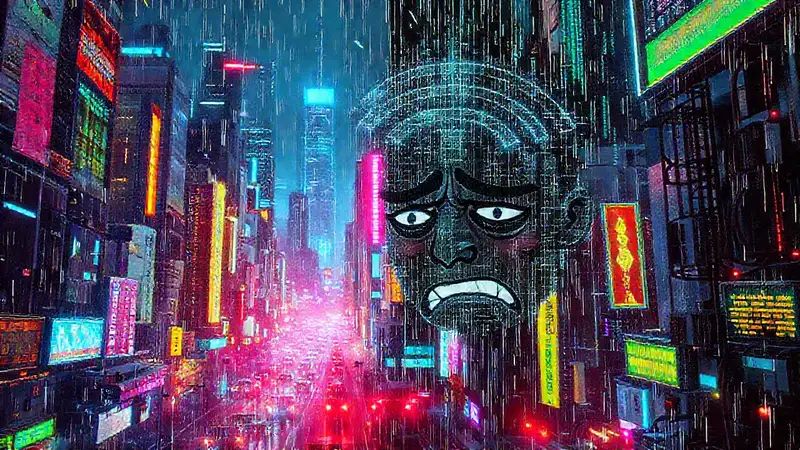 Ciudad cyberpunk digitalmente caótica e imperfecta