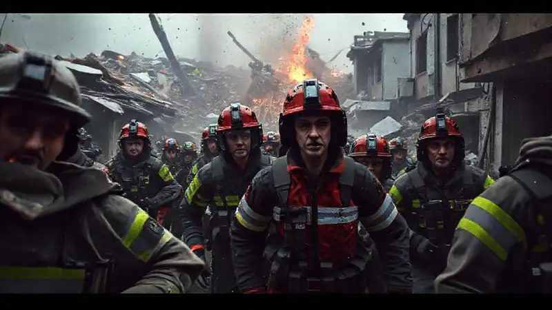 Equipo de emergencia en caos devastado